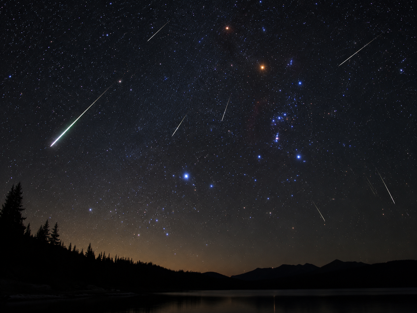 Ilustrácia meteorov Orioníd na nočnej oblohe