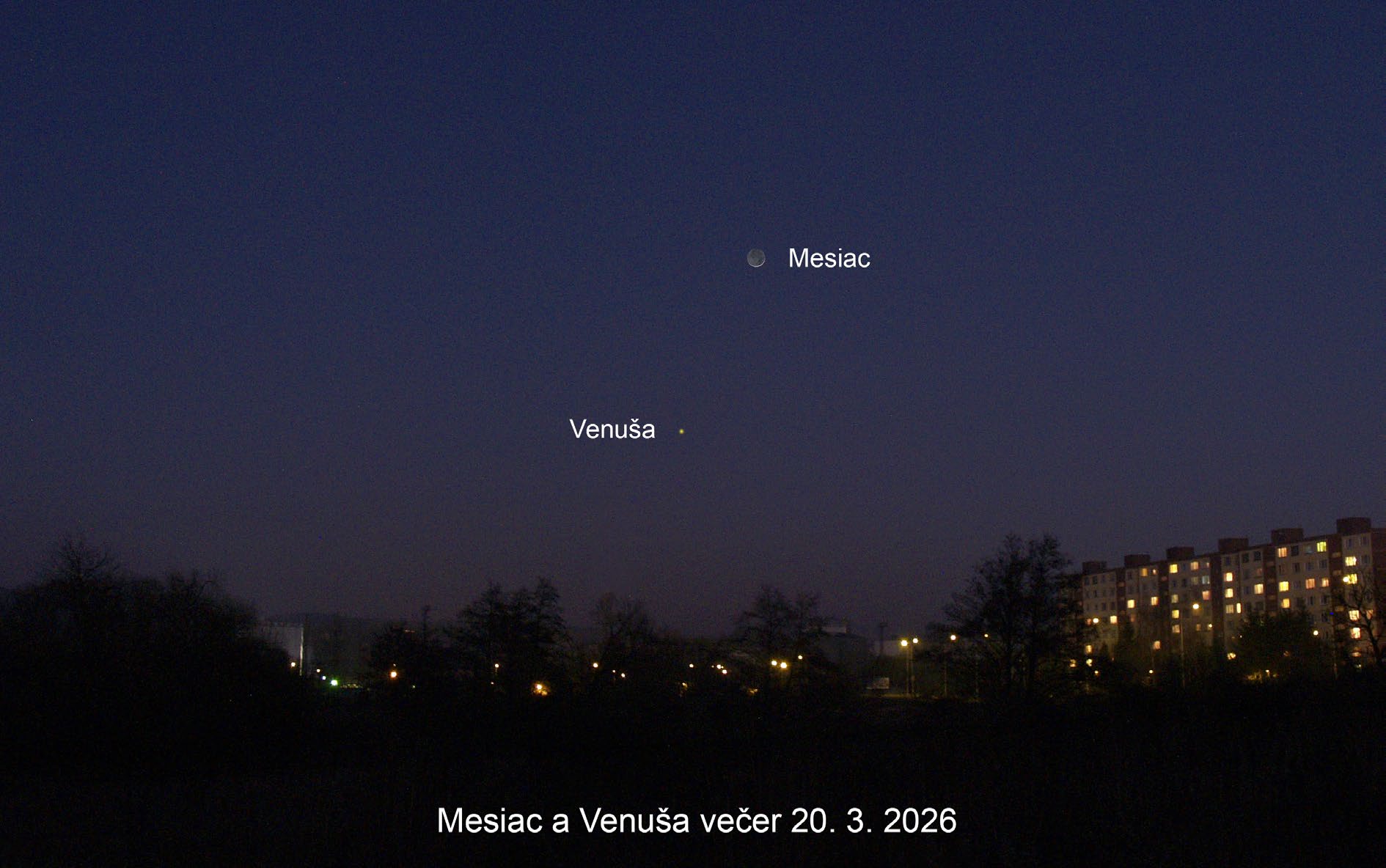 Mesiac a Venuša na večernej oblohe 20. marca 2026.